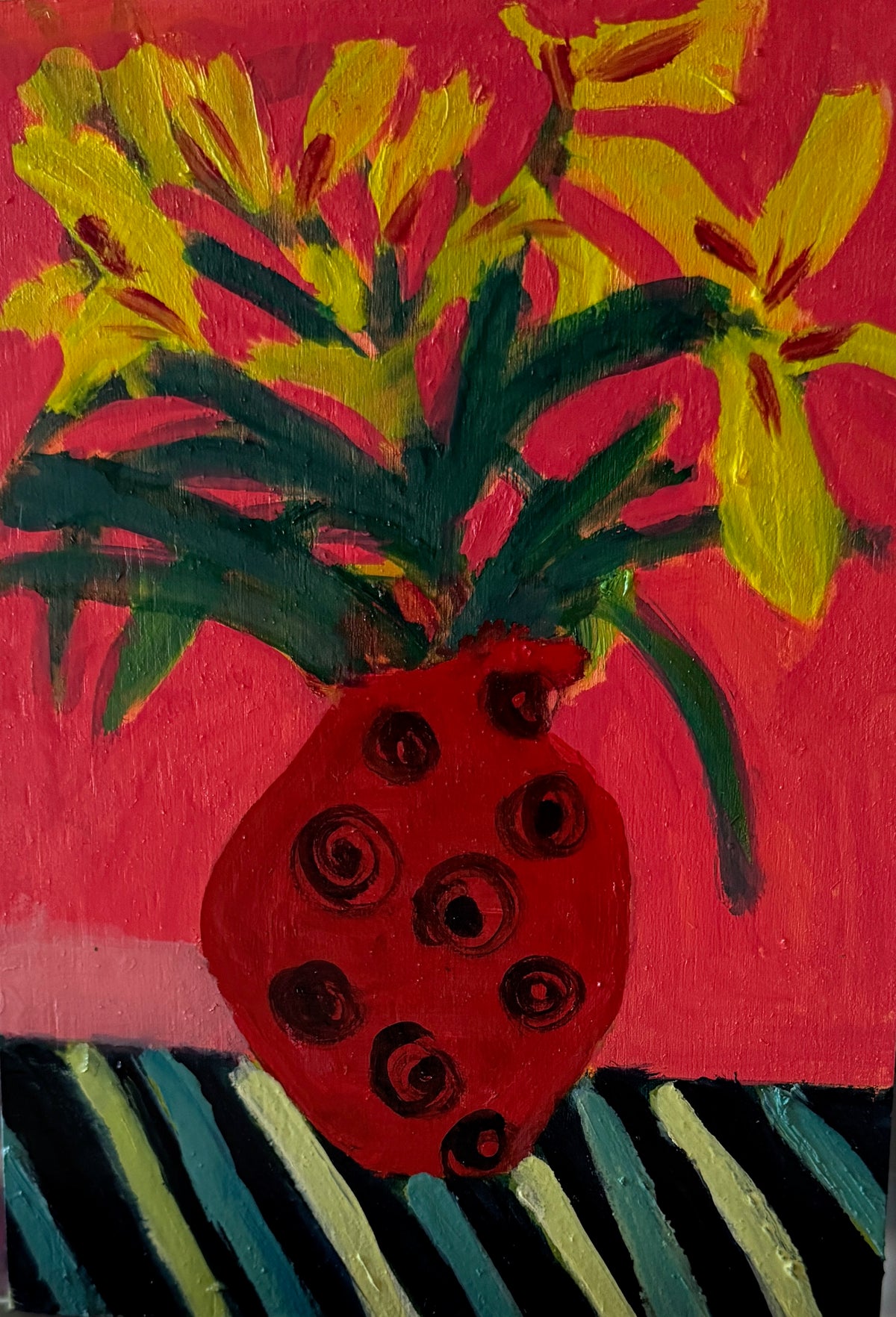 Red Polka-Dotted Vase, Striped Table