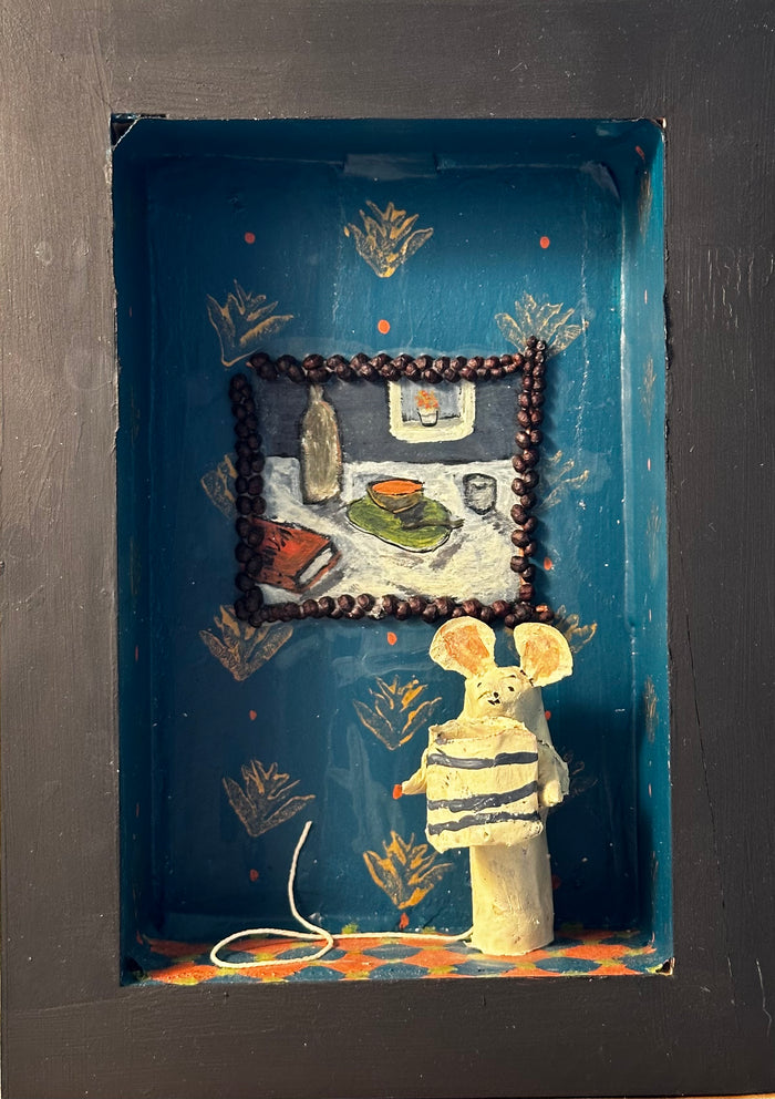 Mouse holding striped jar in room with still life