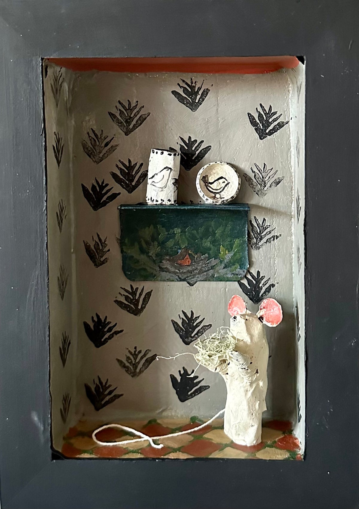 Grey Room with Black Stencils and Shelf with Bird Theme